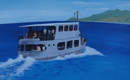 An artist’s impression of the MV Christena on a voyage from Nevis to St. Kitts on a memorial at the Bath Cemetery